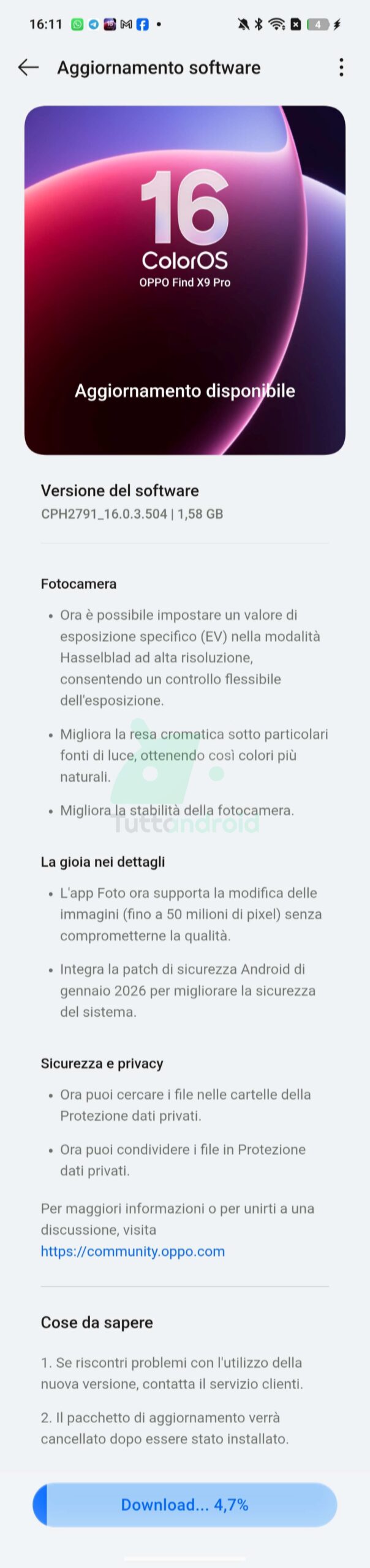 新しいアップデート OPPO Find X9 Pro ColorOS 16.0.3.504