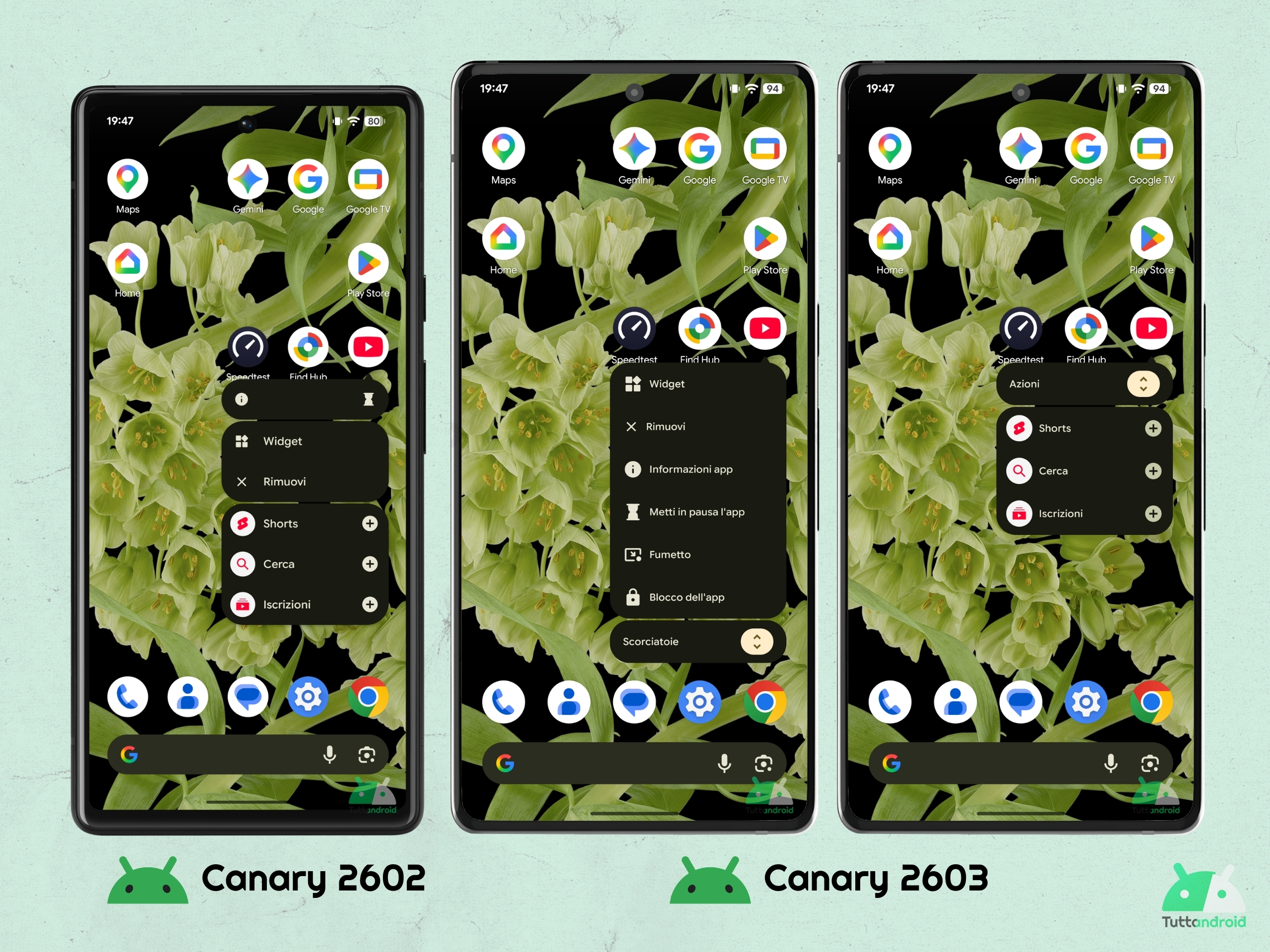 Android CANARY 2603 - ピクセル ランチャー - 新しいコンテキスト メニュー