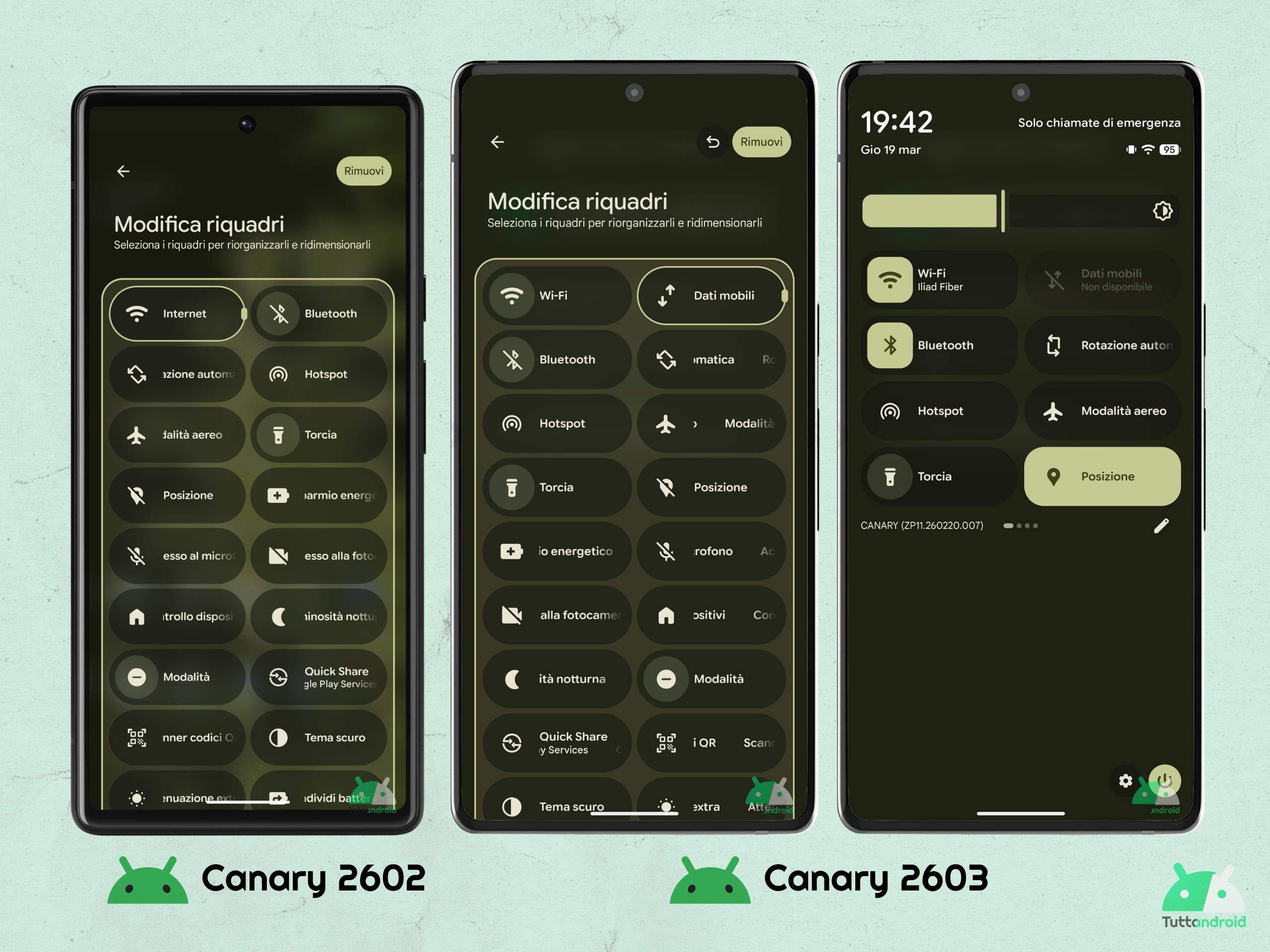 Android CANARY 2603 - コントロール センター - Wi-Fi およびモバイル データ タイル