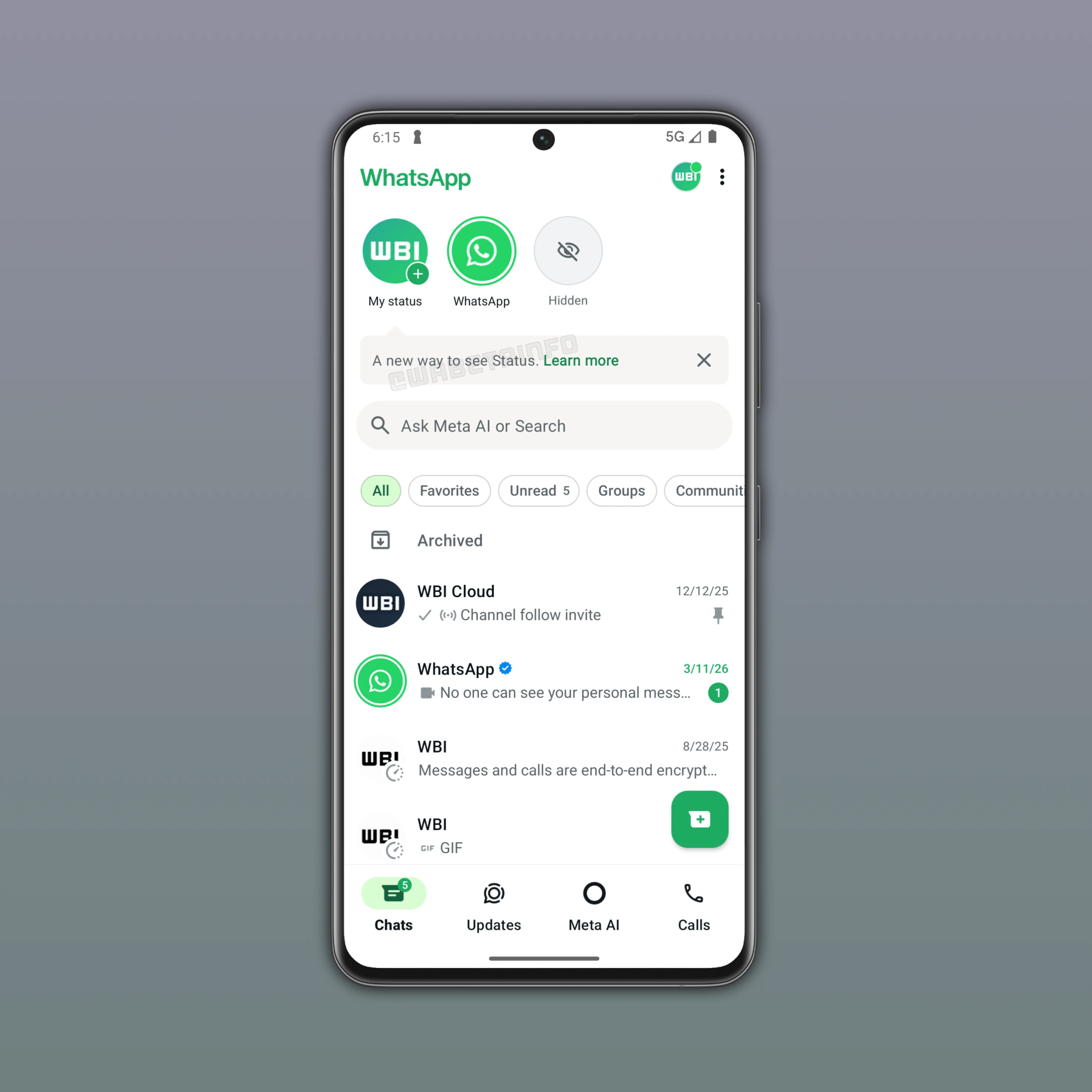 WhatsApp ベータ版カルーセル ステータス更新プレビュー