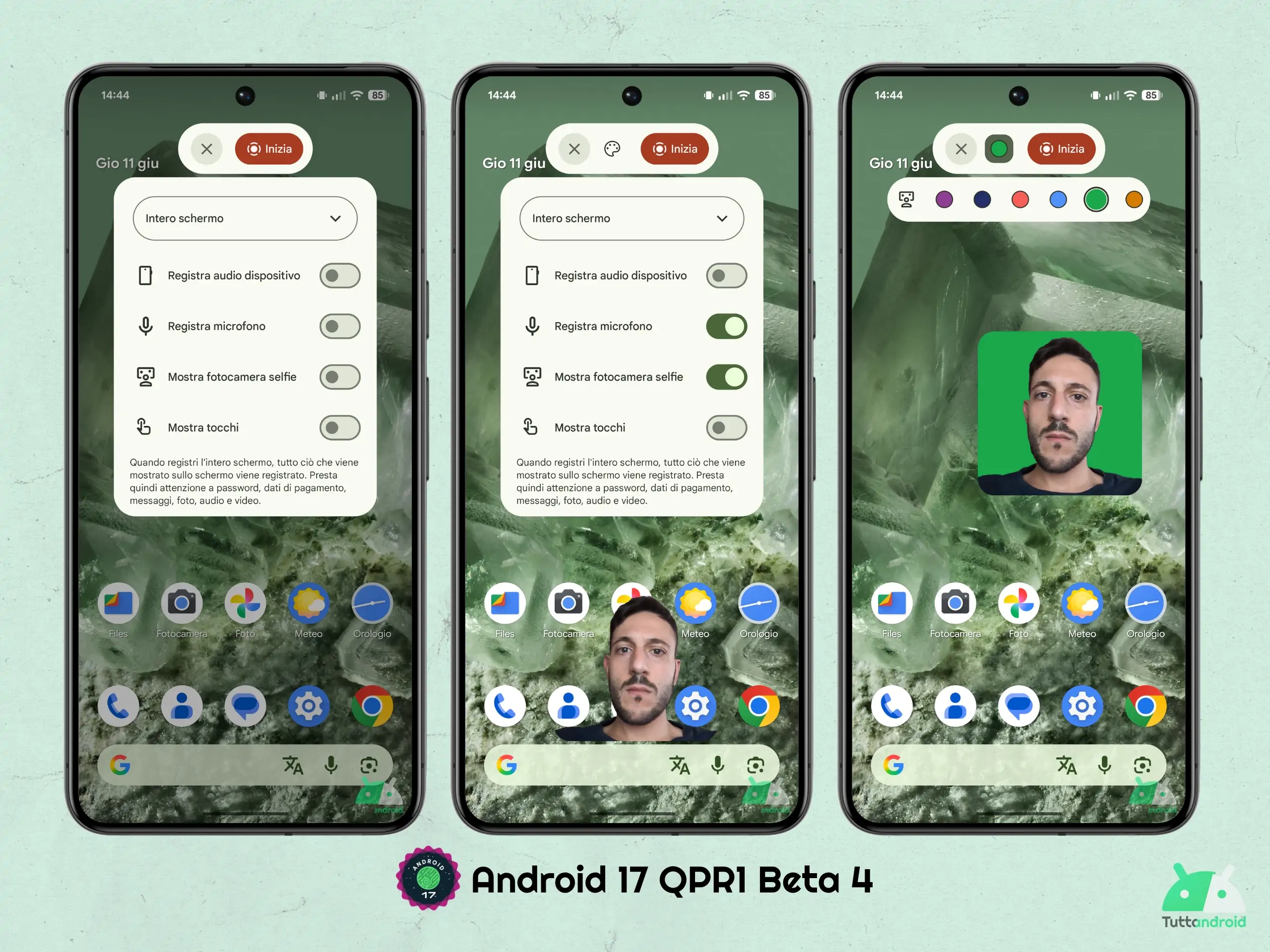 Android 17 QPR1 - ベータ 4 - スクリーンレコーダー - 自撮りカメラを表示