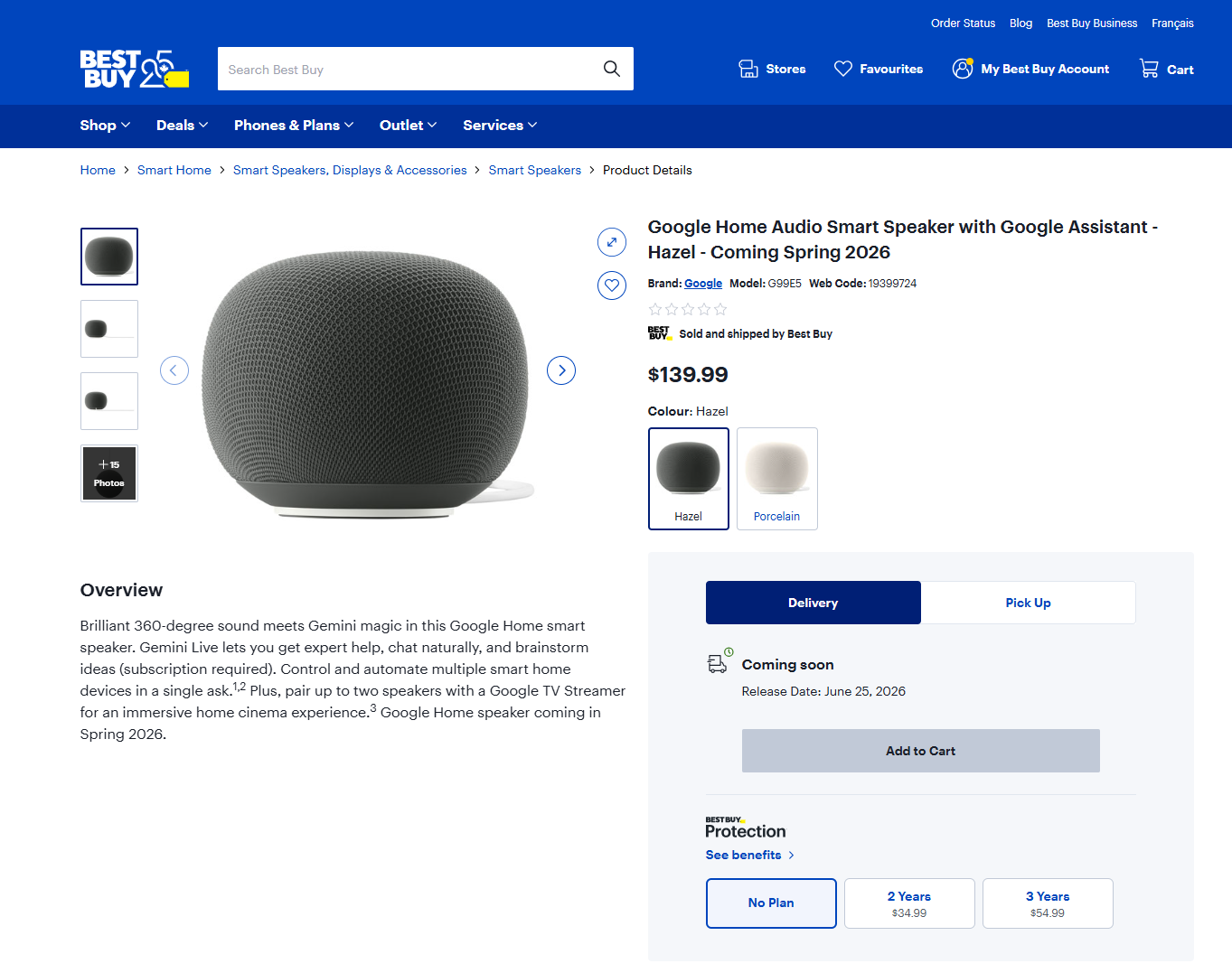 Google Home Speaker が Best Buy サイトに発売日を掲載