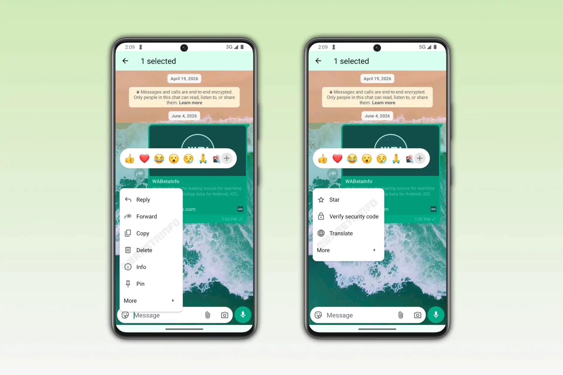 WhatsApp ベータ版 v2.26.23.8 - 新しい WBI メッセージのコンテキスト メニュー