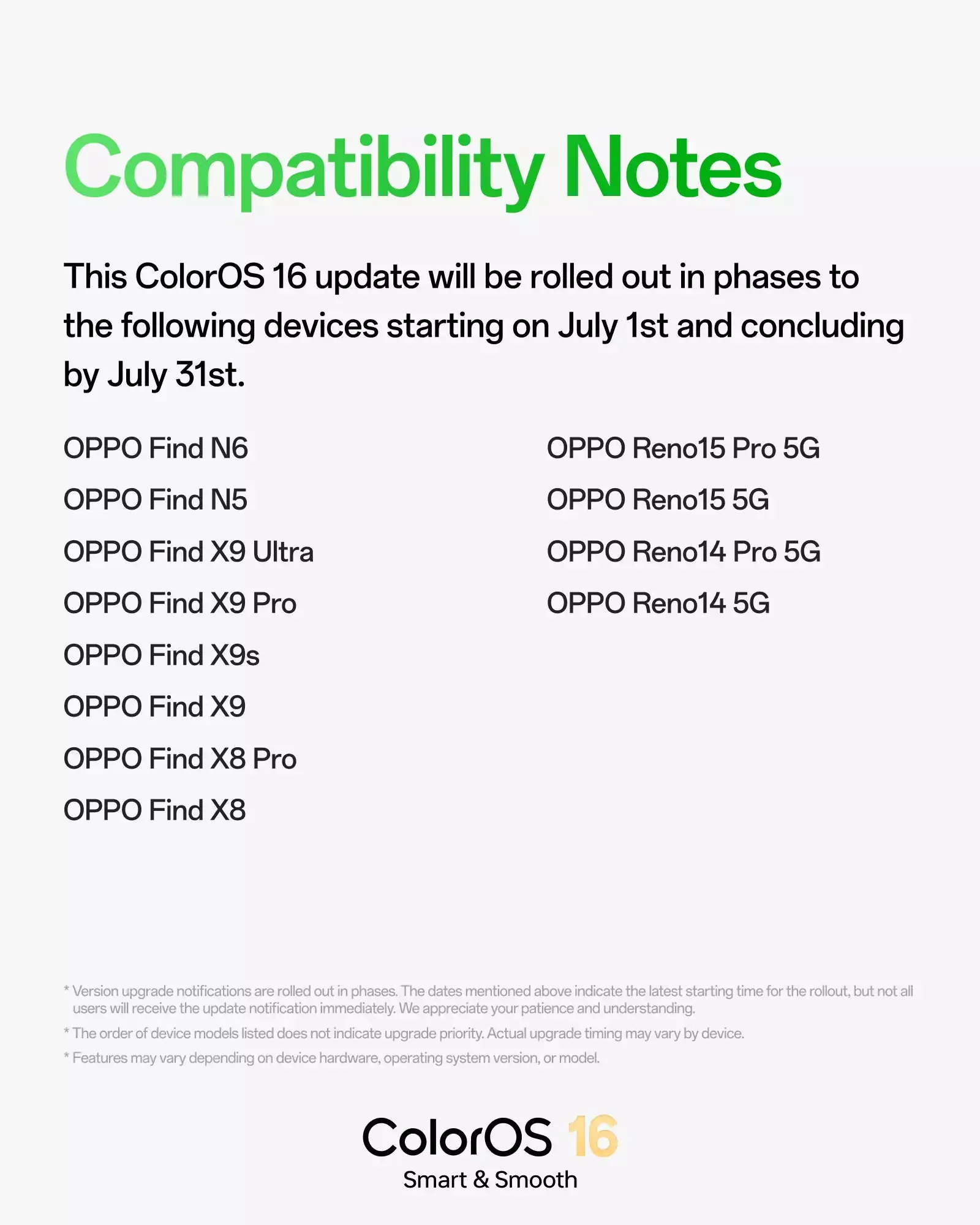 OPPO - ColorOS 16 - 2026 年 7 月アップデート - 互換性に関するメモ