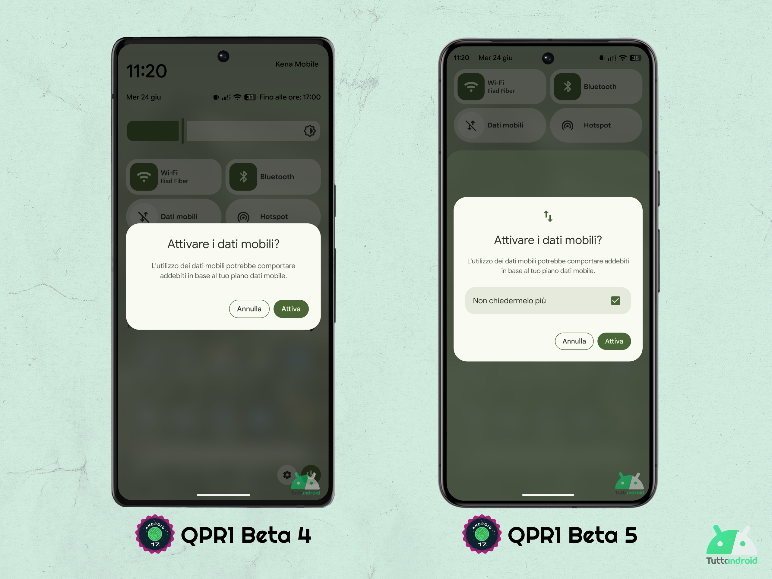 Android 17 QPR1 - ベータ 5 - モバイル データをオンにする