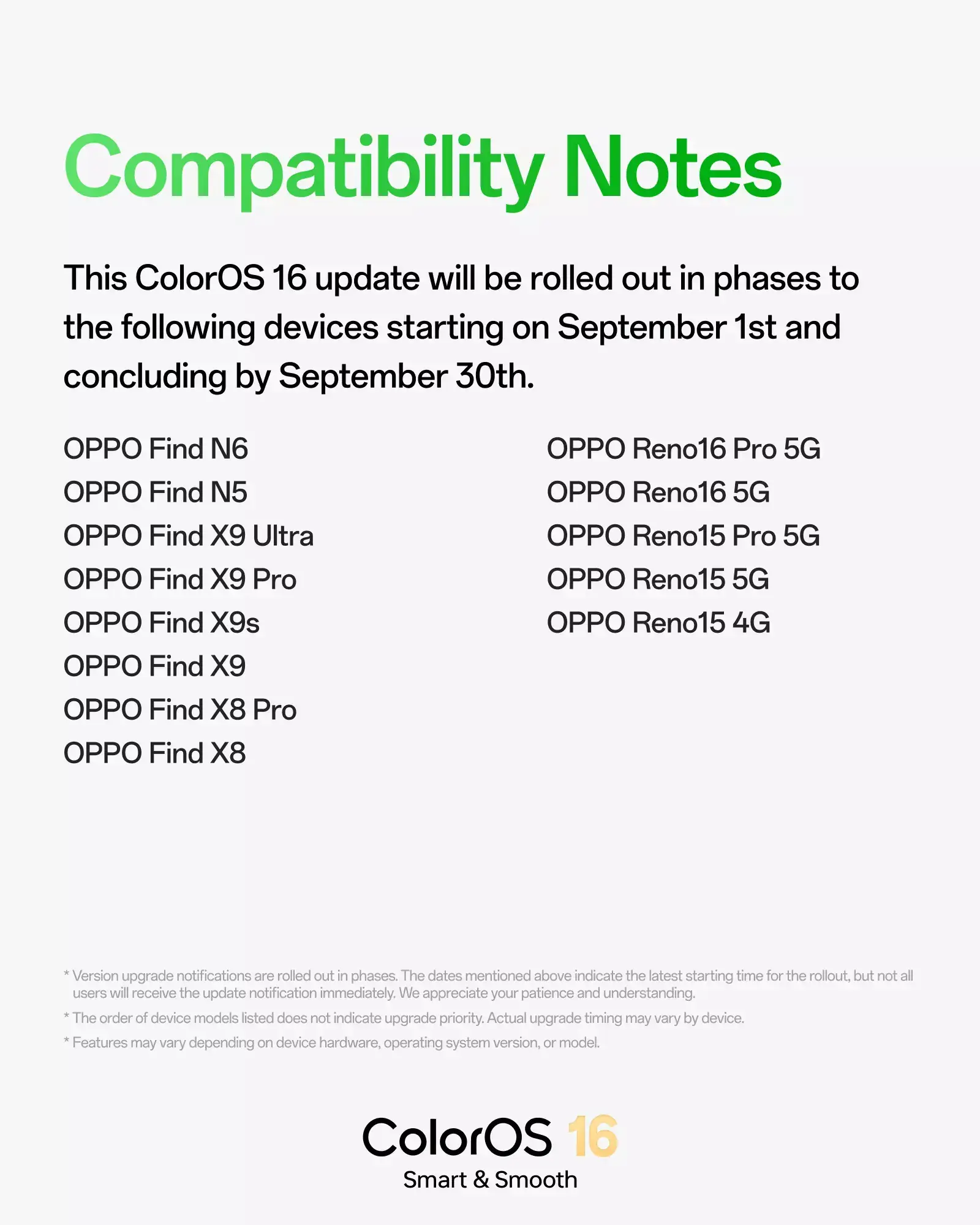 OPPO - ColorOS 16 - 2026 年 9 月アップデート - サポート